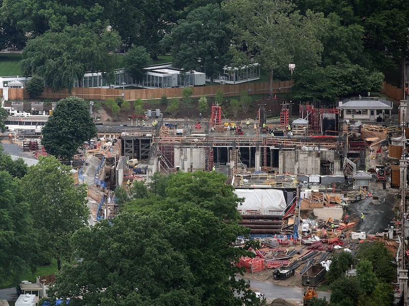 Construction continues for the upcoming UFC match alongside the ballroom addition on the South Lawn of the White House on May 26, 2026 in Washington, DC.