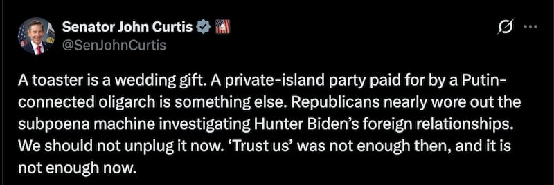 Sen. John Curtis posted this on X about Donald Trump Jr.’s wedding gift.