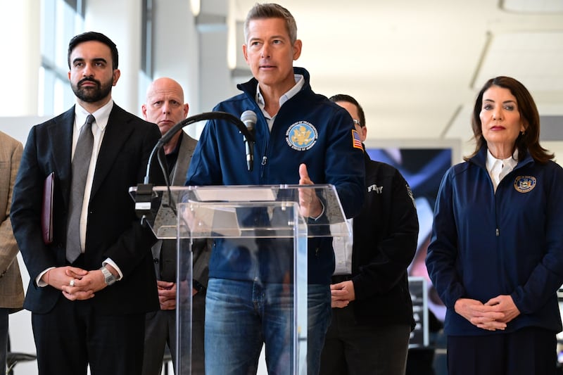 U.S. Transportation Secretary Sean Duffy speaks at a press conference following the collision of an Air Canada jet and a Port Authority fire truck on the runway at LaGuardia Airport in New York on March 23, 2026.