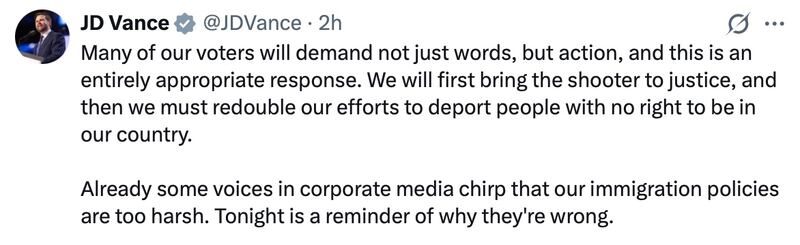 Vice President JD Vance posts on X after Washington D.C. shooting.