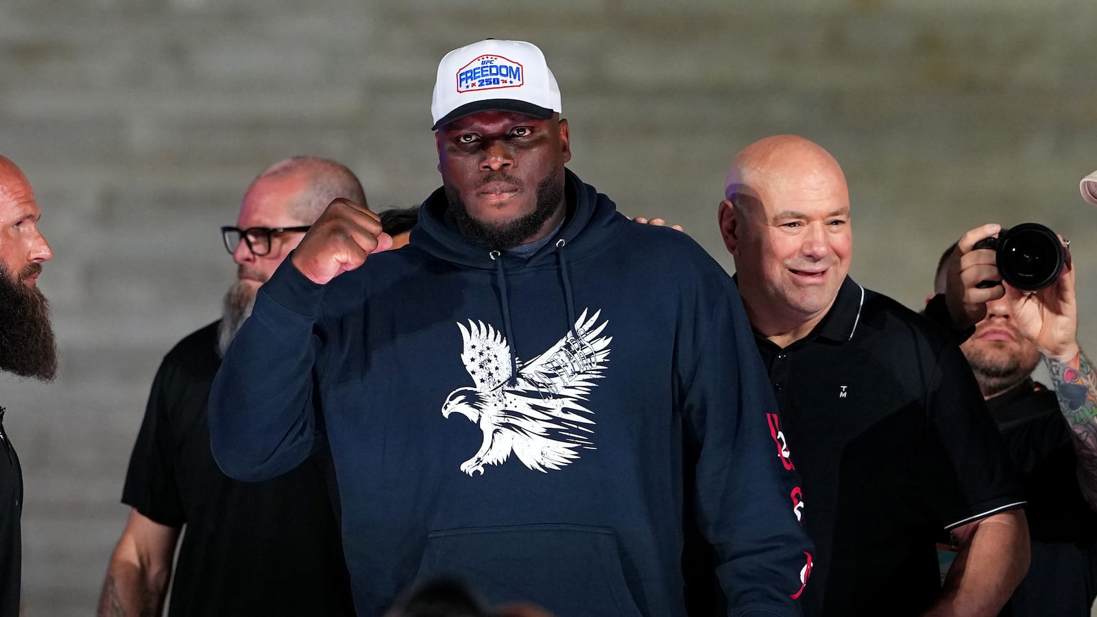 WASHINGTON, DC - JUNE 12: Heavyweight Derrick Lewis and President and CEO Dana White of UFC pose for the media during the UFC Freedom 250 Press Conference at the Lincoln Memorial on June 12, 2026 in Washington, DC. (Photo by Jeff Bottari/Zuffa LLC via Getty Images)