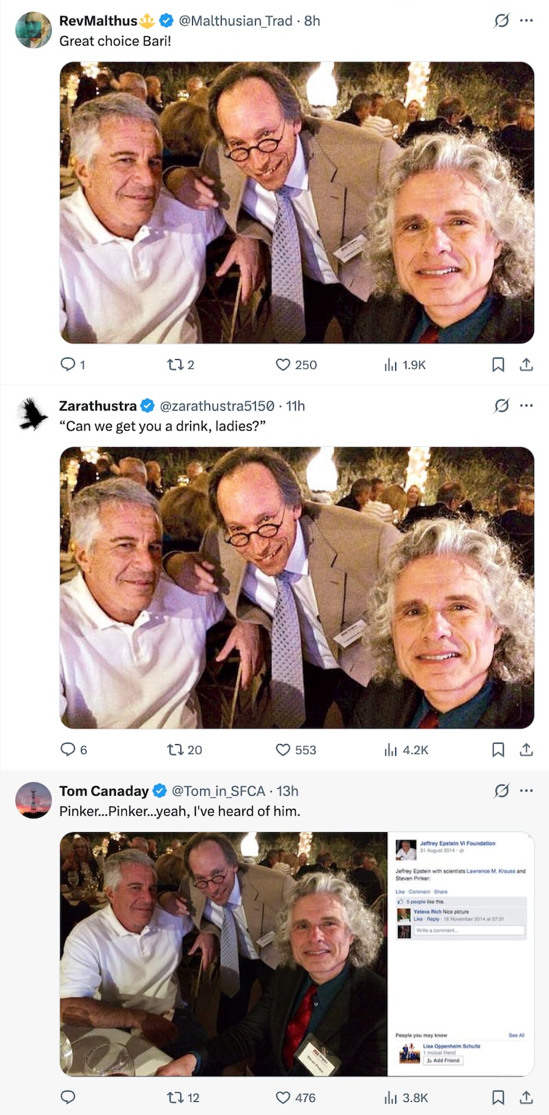 The post by Weiss was filled with replies featuring a selfie of Steven Pinker with Jeffrey Epstein from over a decade ago.