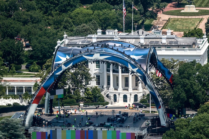 Construction continues on a temporary arena that will host the UFC Freedom 250 fight card at the White House in Washington, D.C., U.S., on June 5, 2026.