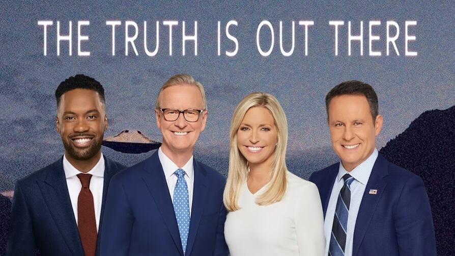 A photo of the cohosts of Fox & Friends is laid over an image from the TV show The X-Files featuring the show's tagline "The Truth is Out There."