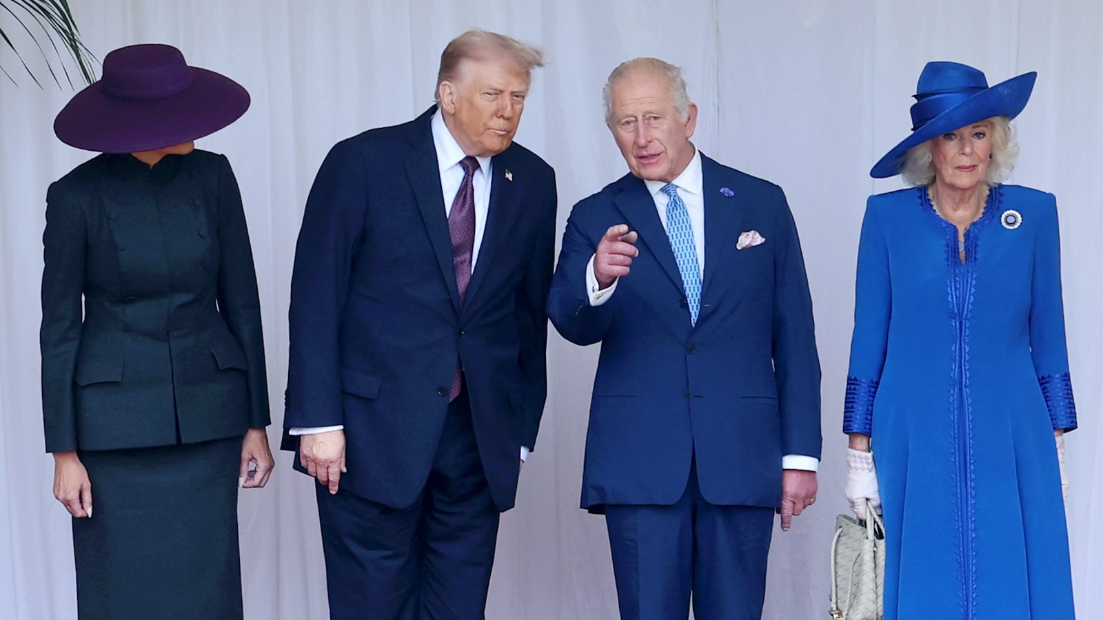 WINDSOR, ENGLAND - SEPTEMBER 17: First Lady Melania Trump, U.S. President Donald Trump, King Charles III and Queen Camilla during the State visit by the President of the United States of America at Windsor Castle on September 17, 2025 in Windsor, England. (Photo by Chris Jackson/Getty Images)