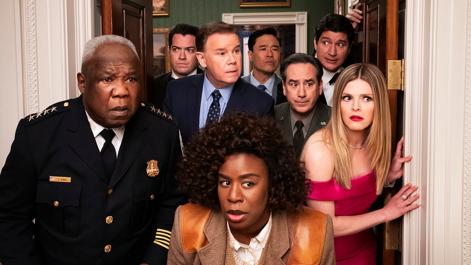 Isiah Whitlock Jr., Dan Perrault, Spencer Garrett, Uzo Aduba, Randall Park, Andrew Friedman, Ken Marino, and Molly Griggs in The Residence.