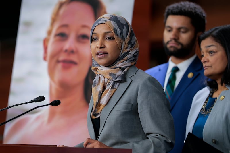 Rep. Ilhan Omar (D-MN) speaks at a press conference at the U.S. Capitol on January 13, 2026 in Washington, DC.
