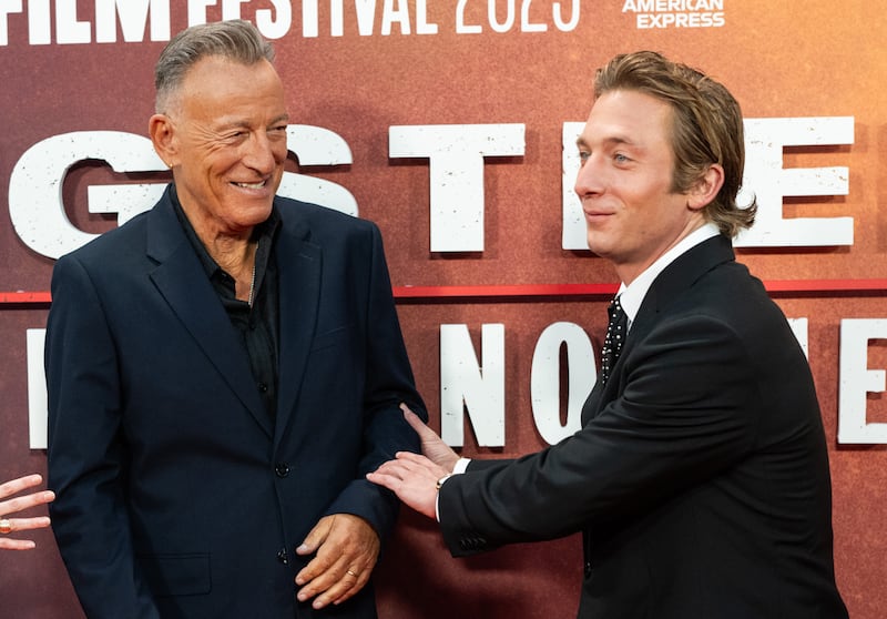LONDON, ENGLAND - OCTOBER 15: Jeremy Allen White and Bruce Springsteen attend the "Springsteen: Deliver Me from Nowhere" Headline Gala at the 69th BFI London Film Festival at The Royal Festival Hall on October 15, 2025 in London, England. (Photo by Samir Hussein/WireImage)