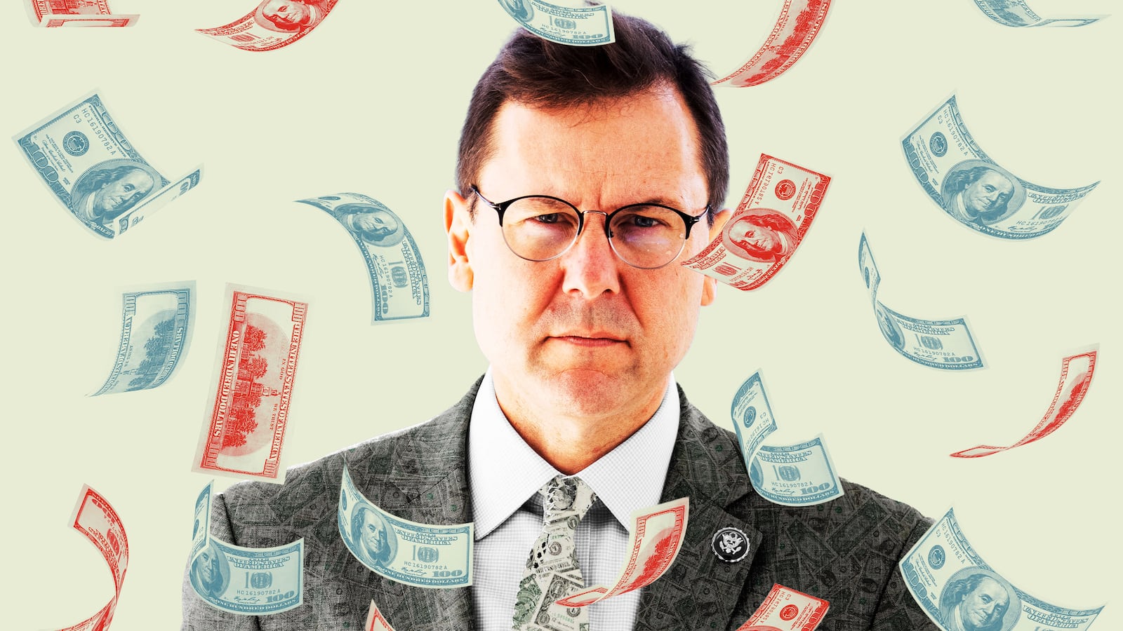 Tom Kean with money falling around him