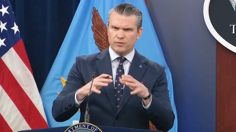 Secretary of Defense Pete Hegseth holds a briefing on Iran at the Pentagon on March 13, 2026.
