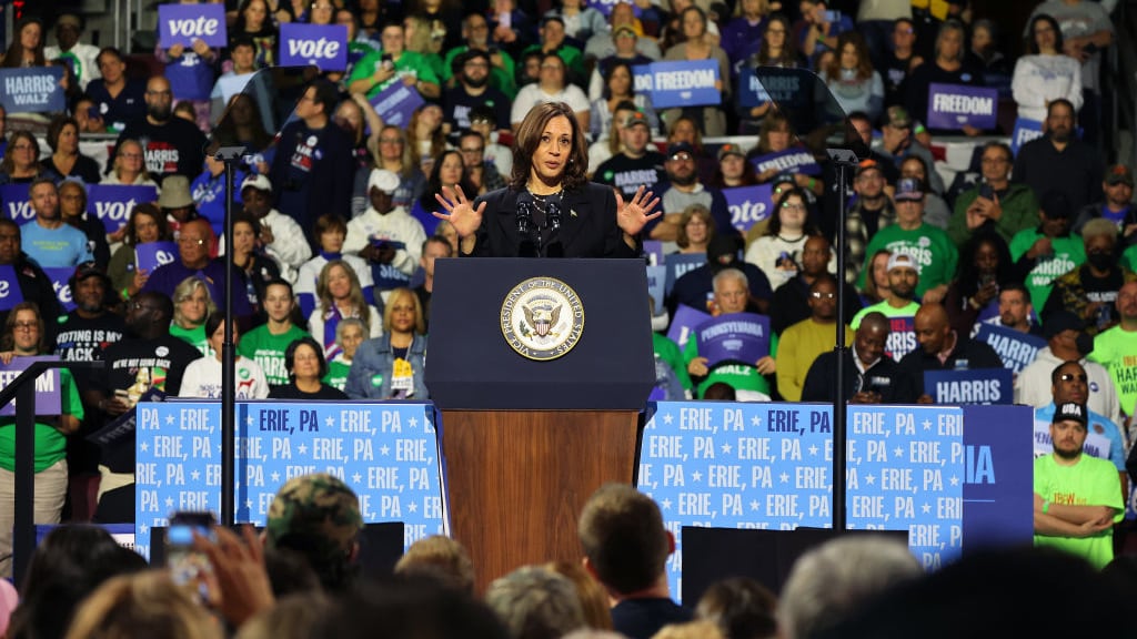 Democratic presidential nominee, Vice President Kamala Harris speaks during a campaign rally at Erie Insurance Arena on October 14, 2024 in Erie, Pennsylvania.