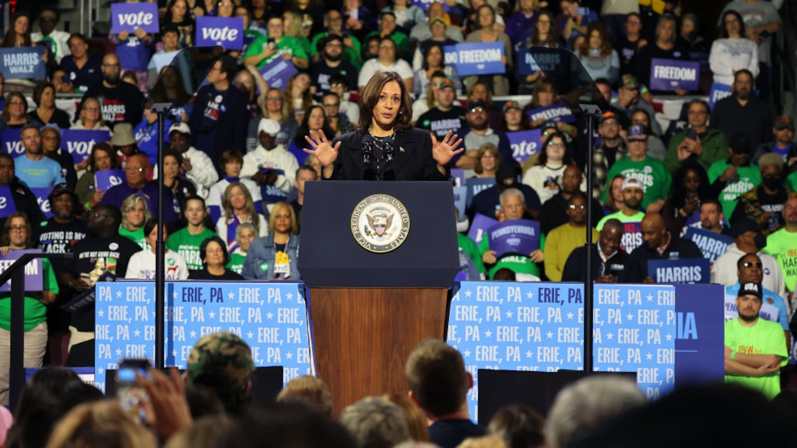 Democratic presidential nominee, Vice President Kamala Harris speaks during a campaign rally at Erie Insurance Arena on October 14, 2024 in Erie, Pennsylvania.