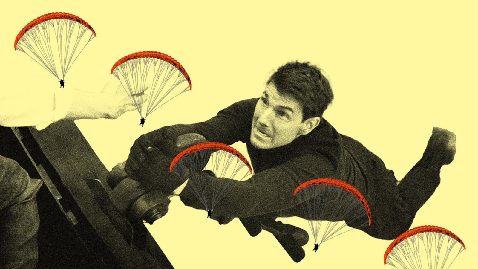 Photo illustration of a film still of Tom Cruise in Mission Impossible with an overlaid collage of a descending parachute.