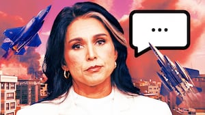 A photo illustration of a silent Tulsi Gabbard in front of US bombing strikes of Tehran, Iran.