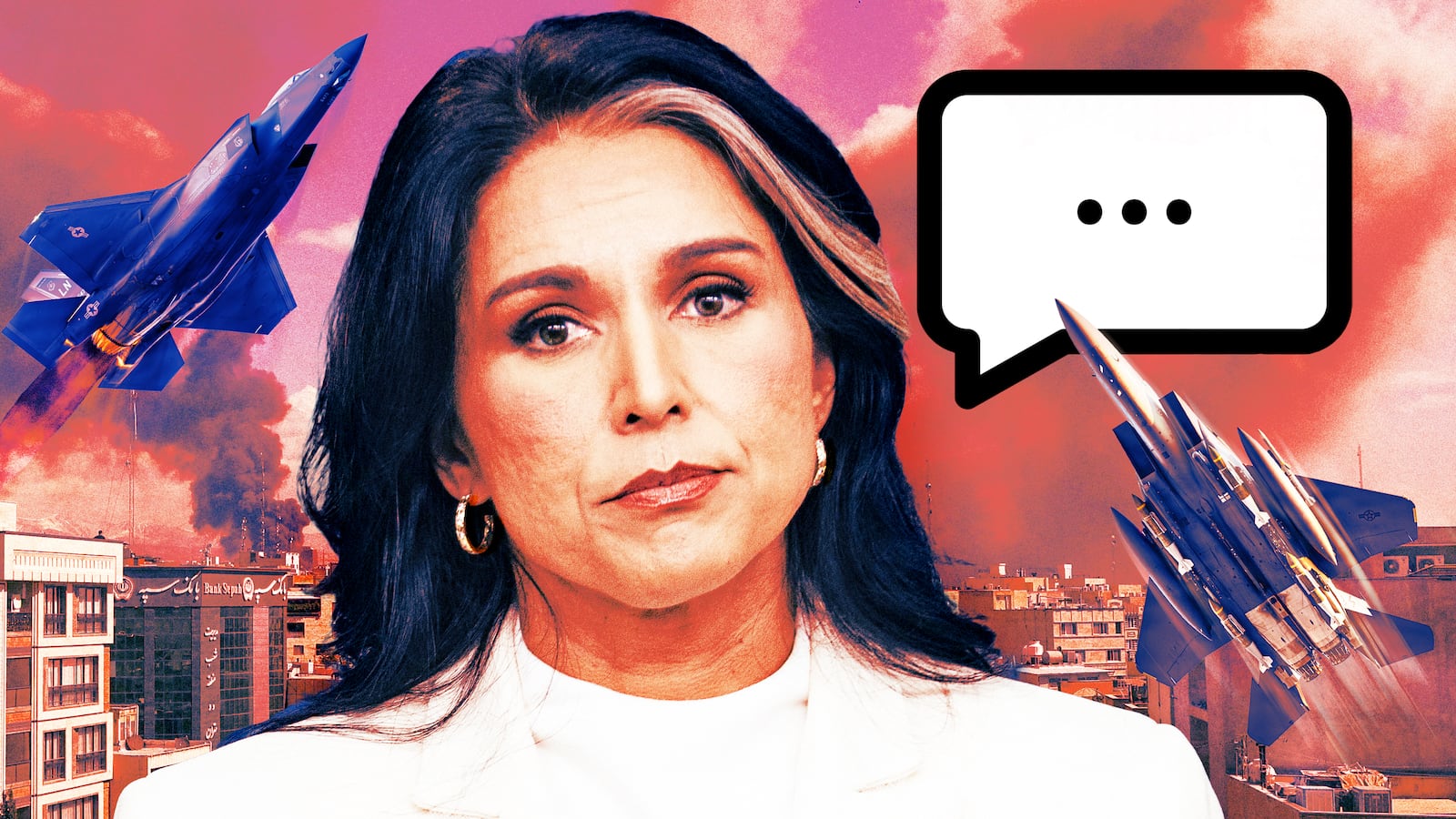 A photo illustration of a silent Tulsi Gabbard in front of US bombing strikes of Tehran, Iran.