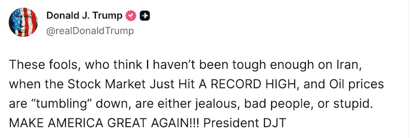 Screengrab of Trump's Truth Social post.