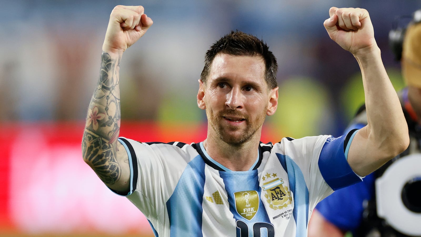 Lionel Messi of Argentina celebrates after winning the FIFA World Cup 2026 Round Of 32 match between Argentina and Cabo Verde at Miami Stadium on July 3, 2026 in Miami Gardens, United States.