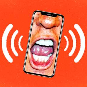 Close up image of Donald Trump yelling in a cellphone moving back and forth