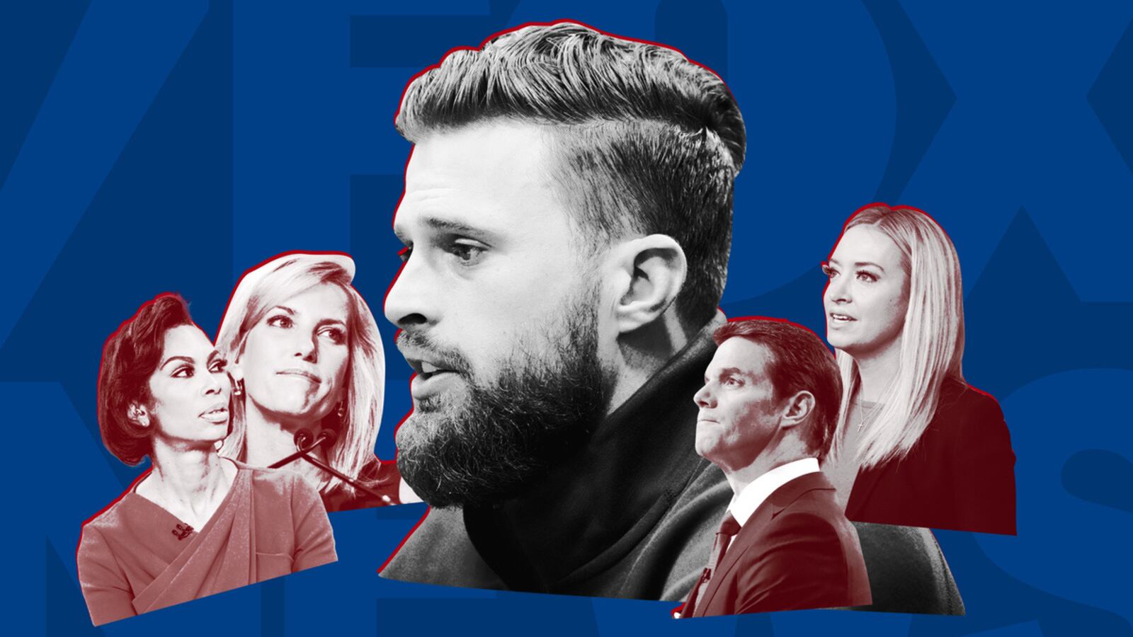 A photo illustration showing Harrison Butker, Laura Ingraham, Kayleigh McEnany, Harris Faulkner and Bill Hemmer in front of the Fox News logo.