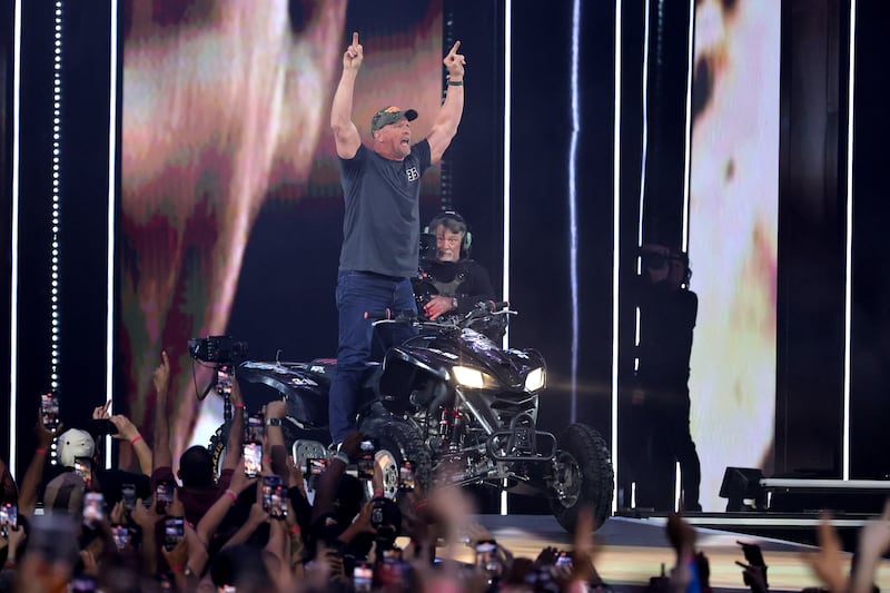 Stone Cold Steve Austin rides an all-terrain vehicle to the ring during WrestleMania 41 at Allegiant Stadium on April 20, 2025 in Las Vegas, Nevada.