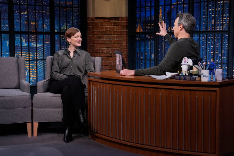 Comedian Ashley Padilla during an interview with host Seth Meyers on December 11, 2025.