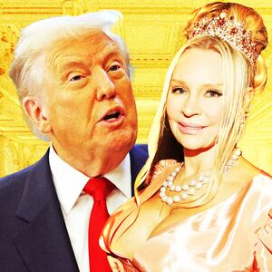 A photo illustration of Donald Trump and Jackie Siegel and the White House golden ballroom.