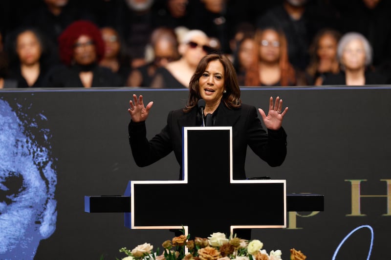 Former US vice president Kamala Harris speaks at a public memorial service to celebrate the life of civil rights activist Reverend Jesse Jackson in Chicago, Illinois, on March 6, 2026. Veteran US civil rights activist Reverend Jesse Jackson, one of the nation's most influential Black voices, died peacefully on February 17, 2026 at the age of 84. Jackson, a Baptist minister, had been a civil rights leader since the 1960s, when he marched with Martin Luther King Jr. and helped fundraise for the cause. (Photo by Kamil Krzaczynski / AFP via Getty Images)