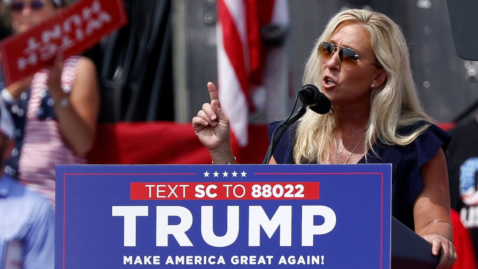 A picture of U.S. Representative Marjorie Taylor Greene (R-GA). Greene told The Atlanta Journal-Constitution that she would “very, very heavily” running with Donald Trump as his vice president.