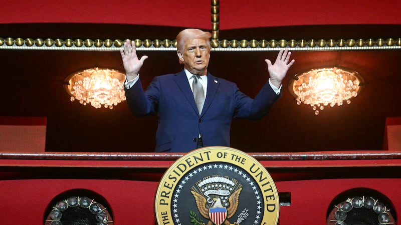 TOPSHOT - US President Donald Trump stands in the presidential box as he tours the John F. Kennedy Center for the Performing Arts in Washington, DC, on March 17, 2025. Trump was appointed chairman of the Kennedy Center on February 12, 2025, as a new board of trustees loyal to the US president brought his aggressive rightwing, anti-"woke" stamp to Washington's premier arts venue. (Photo by Jim WATSON / AFP) (Photo by JIM WATSON/AFP via Getty Images)