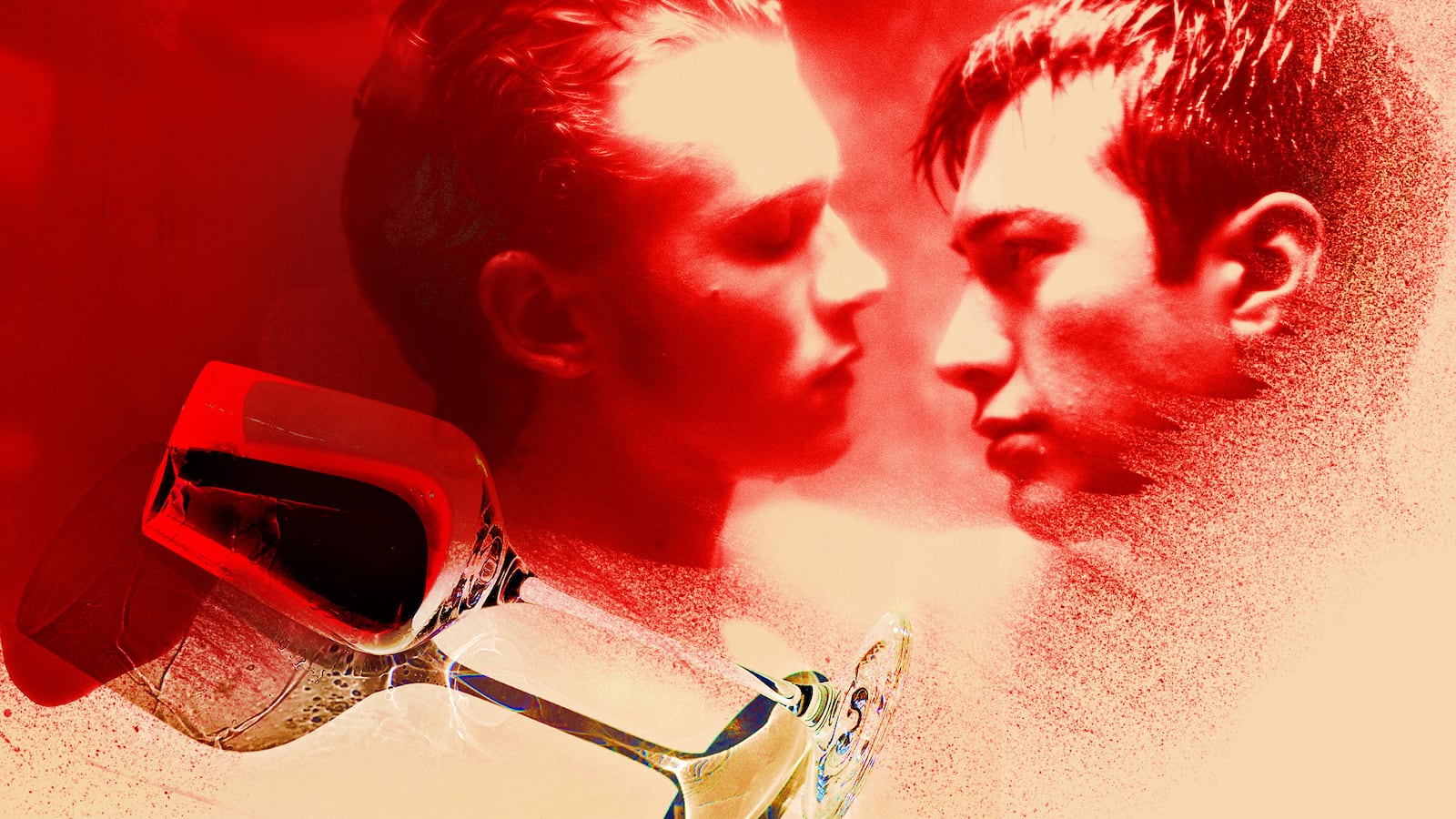 A glass of wine revealing Connor Storrie and Hudson Williams in "Heated Rivalry"
