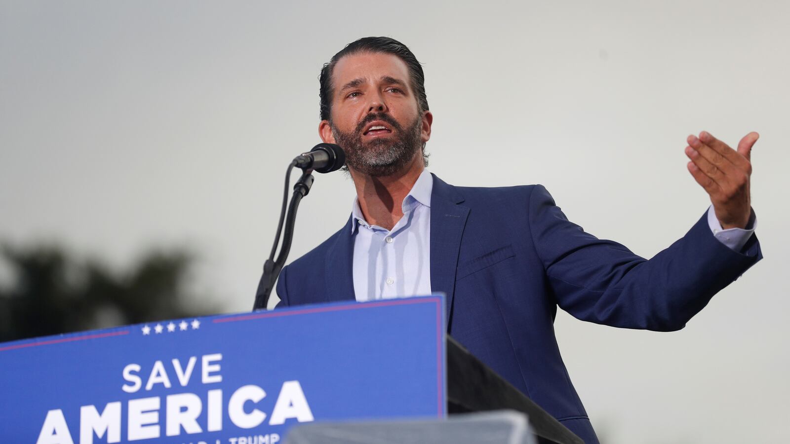 Donald Trump Jr. speaks to his father's supporters during the Save America rally at the Sarasota Fairgrounds in Sarasota, Florida, on July 3, 2021