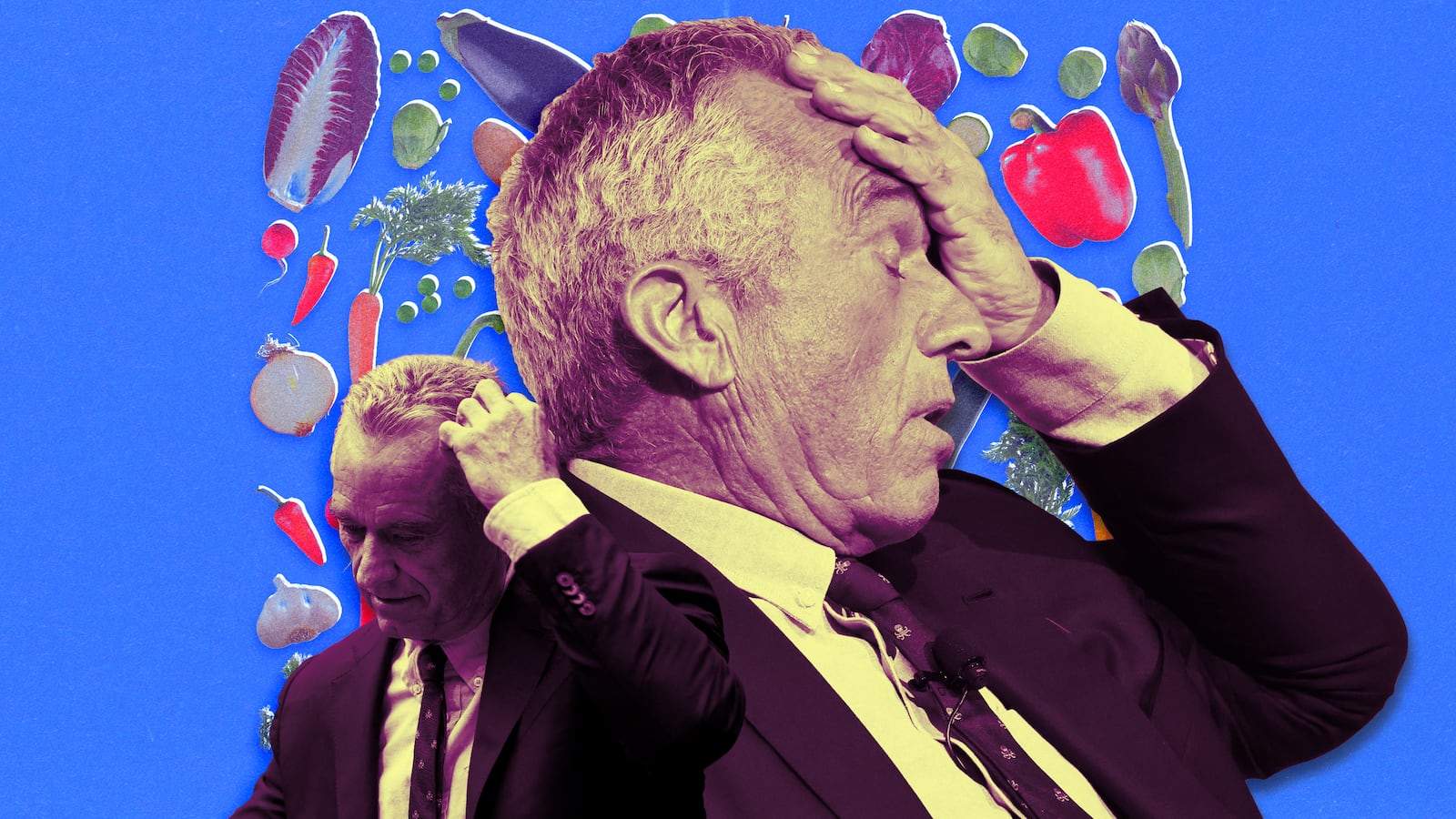 A photo illustration of RFK Jr. with background of farmers market produce.