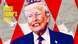 Donald Trump, as a clown, standing in front of a map of the Middle East. illo