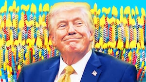 A photo illustration of Donald Trump in front of dozens of birthday cake candles.