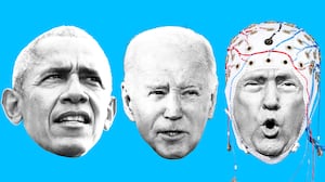 illo illustration of Donald Trump, Barack Obama, Joe Biden with Trump wearing a eeg brain scanning helmet cap