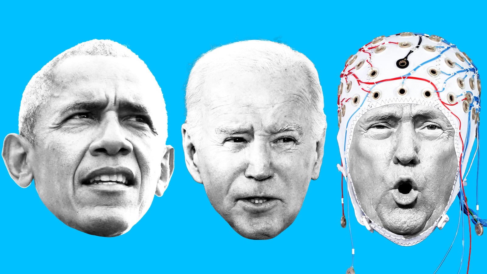 illo illustration of Donald Trump, Barack Obama, Joe Biden with Trump wearing a eeg brain scanning helmet cap