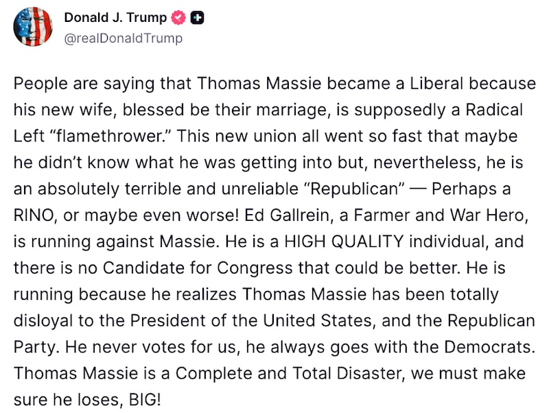 Trump Truth Social post about Thomas Massie's wife