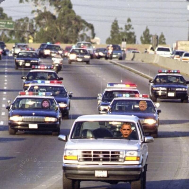 Meme of O.J Simpson car chase showing Barack Obama being pursued by Donald Trump and JD Vance.