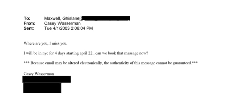 Flirtatious emails between Casey Wasserman and Ghislaine Maxwell.