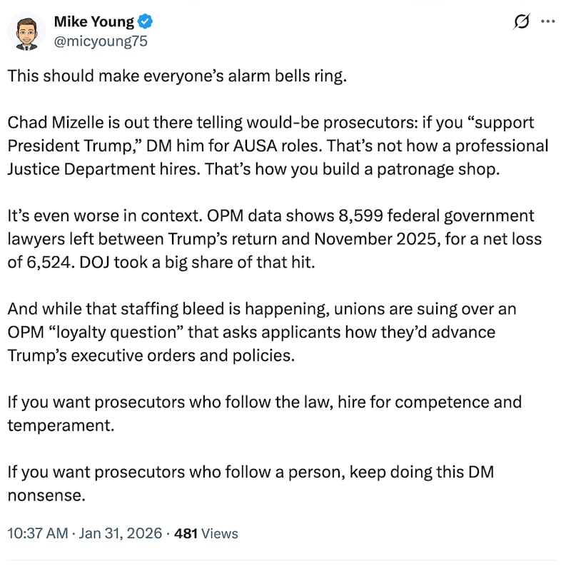 A response to Stephen Miller's call for Patriots to apply for AUSA jobs on X.