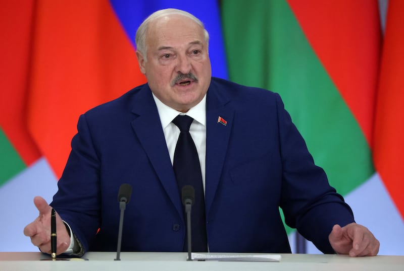 Belarusian President Alexander Lukashenko speaks during a joint press conference at the Grand Kremlin Palace, March 13, 2025, in Moscow, Russia.