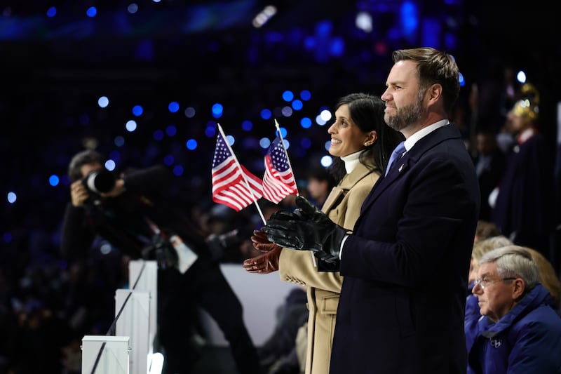 Vice President J.D. Vance and his wife, Usha Vance, attend the opening ceremony of the 2026 Winter Olympics at San Siro Stadium on February 6, 2026 in Milan, Italy.