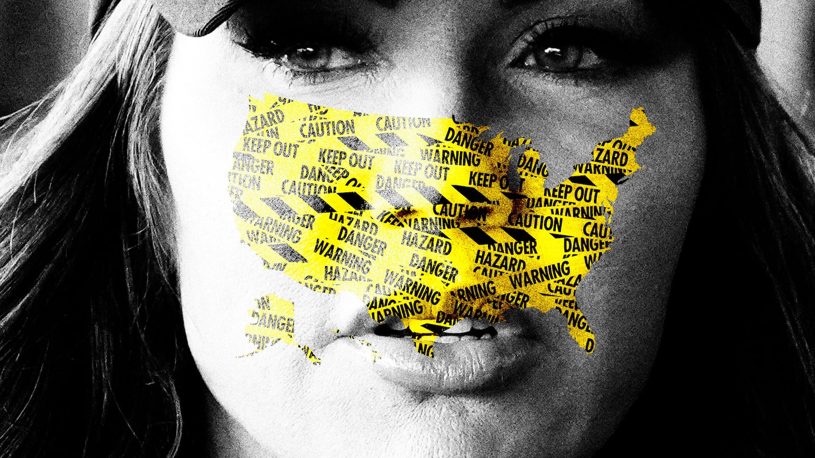 Kristi Noem with a map of the USA made of caution tape overlaying her face