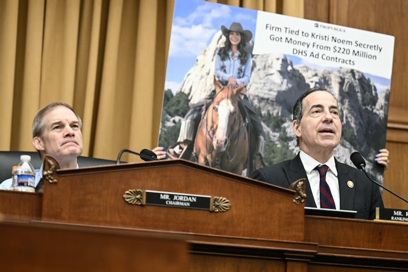 House Judiciary Committee Ranking Member Jamie Raskin brought along props as he confronted Secretary of Homeland Security Kristi Noem during a hearing on Capitol Hill on March 4, 2026.