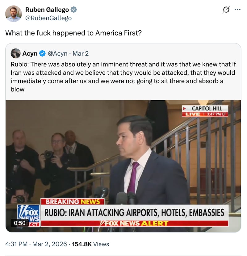 Ruben Gallego, 46, has dropped the f-bomb on X more than any other U.S. lawmaker since 2020, according to The New York Times. This was his most recent profane post.