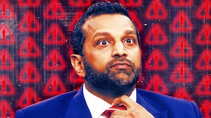 A photo illustration of Kash Patel and glowing red warning signs.