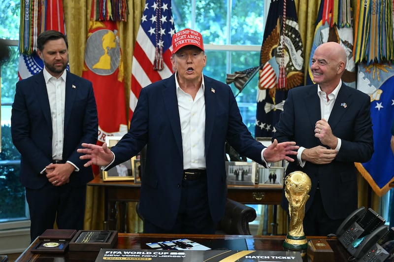 President Donald Trump suggested he would sent the National Guard into Chicago next as he spoke in the Oval Office on August 22, 2025 where he was joined by Vice President JD Vance and FIFA President Gianni Infantino for a 2026 World Cup announcement.