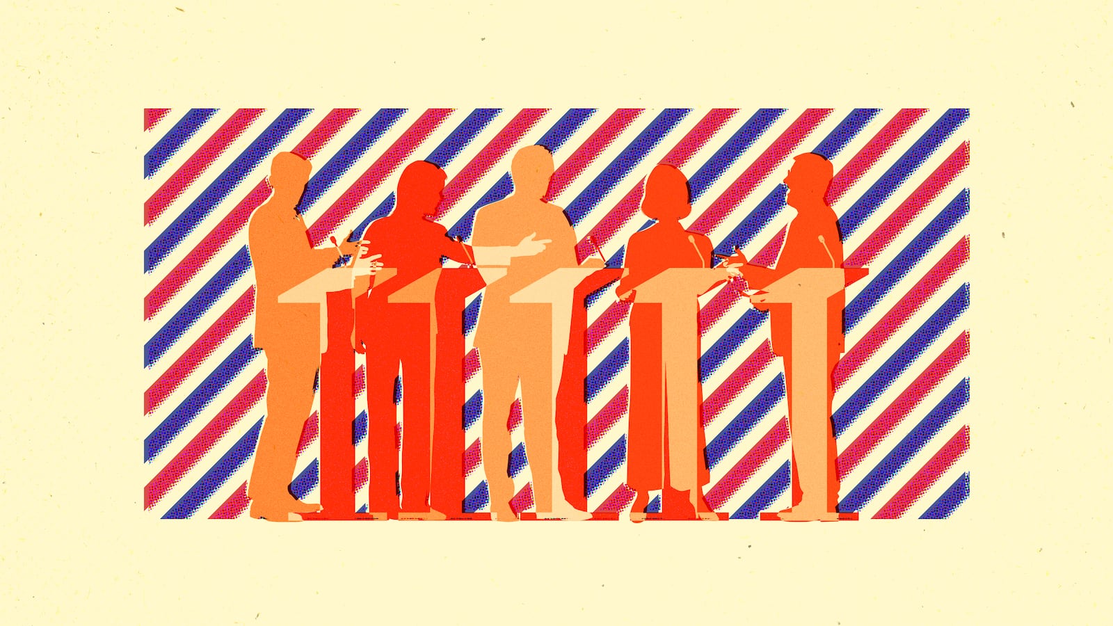 A photo illustration of silhouettes of politicians debating at podiums.