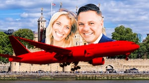 A photo illustration of Zach and Kelly Nunn and the Tower of London.