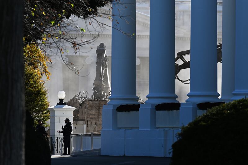 WASHINGTON, DC - OCTOBER 23: Demolition continues on the East Wing of the White House on Thursday October 23, 2025 in Washington, DC. A demolition is to make room for a new ballroom. (Photo by Matt McClain/The Washington Post via Getty Images)